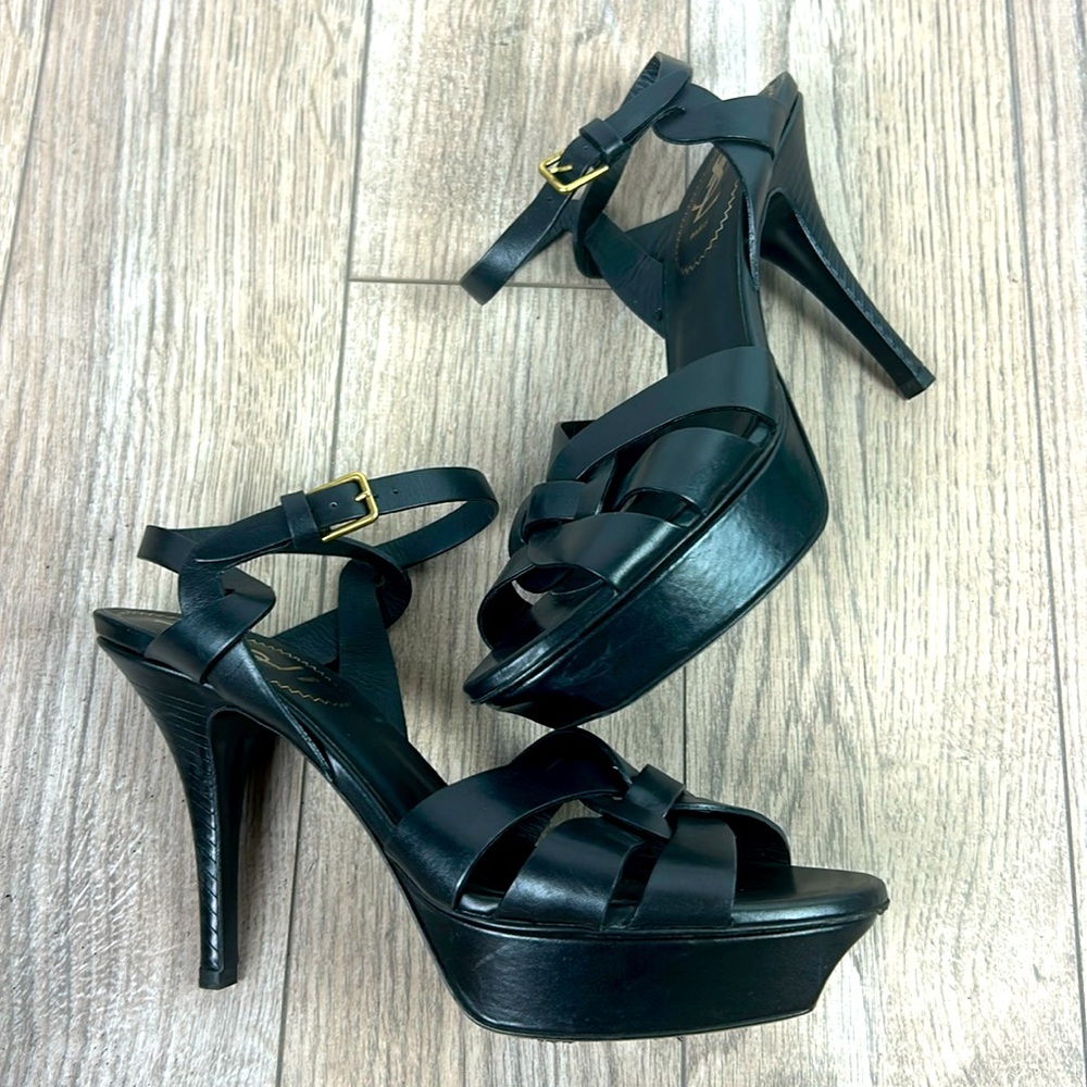 YSL Black Tribute Leather Platform herringbone patterned Heel Sandals 38